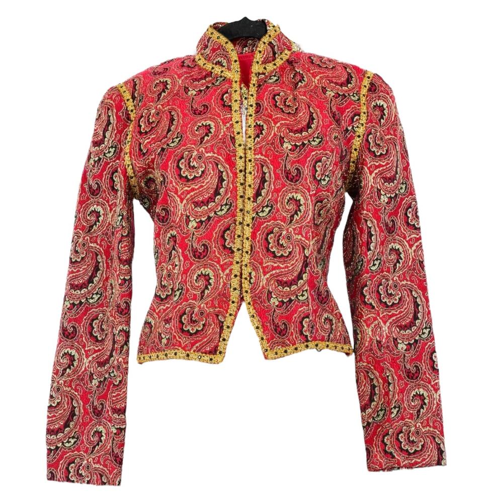 Vintage Red Paisley Embroidered Jacket with Gold Trim